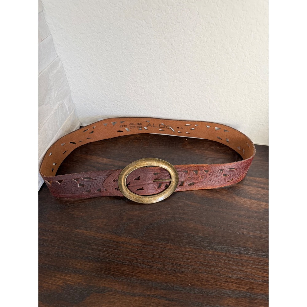 Aldo Dark Brown Tooled Leather Belt Floral Cutout Antique Brass Oval Buckle
